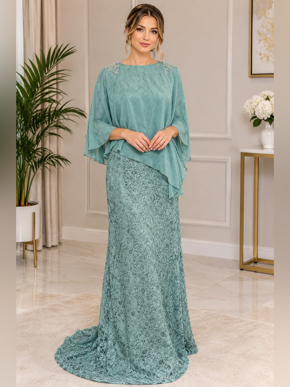 Elegant Lace Maxi Sparkling dress with Chiffon Overlay - Teal